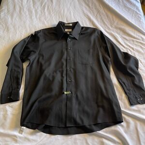 Van Heusen Mens Black Pique Button Down Shirt Long Sleeve 17 34/35 Regular Fit
